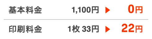 基本料金1,100円が今なら0円！印刷料金1枚33円が今なら16.5円！